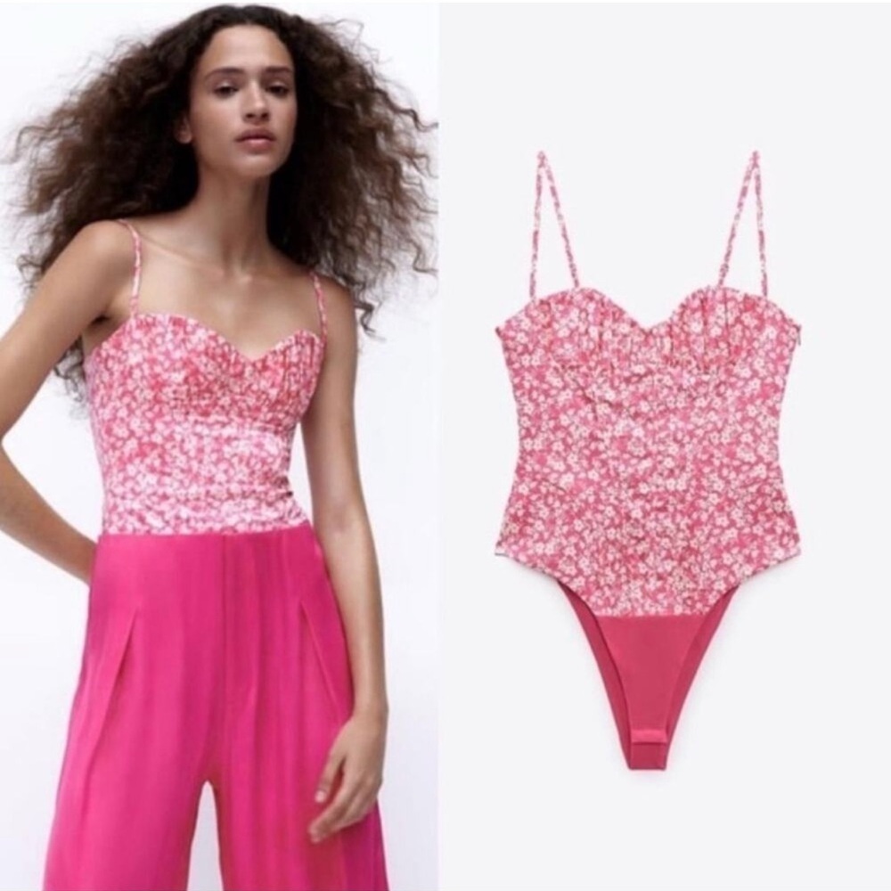 Zara Pink and White Floral Print Corset Style Barbiecore Bodysuit Size Small